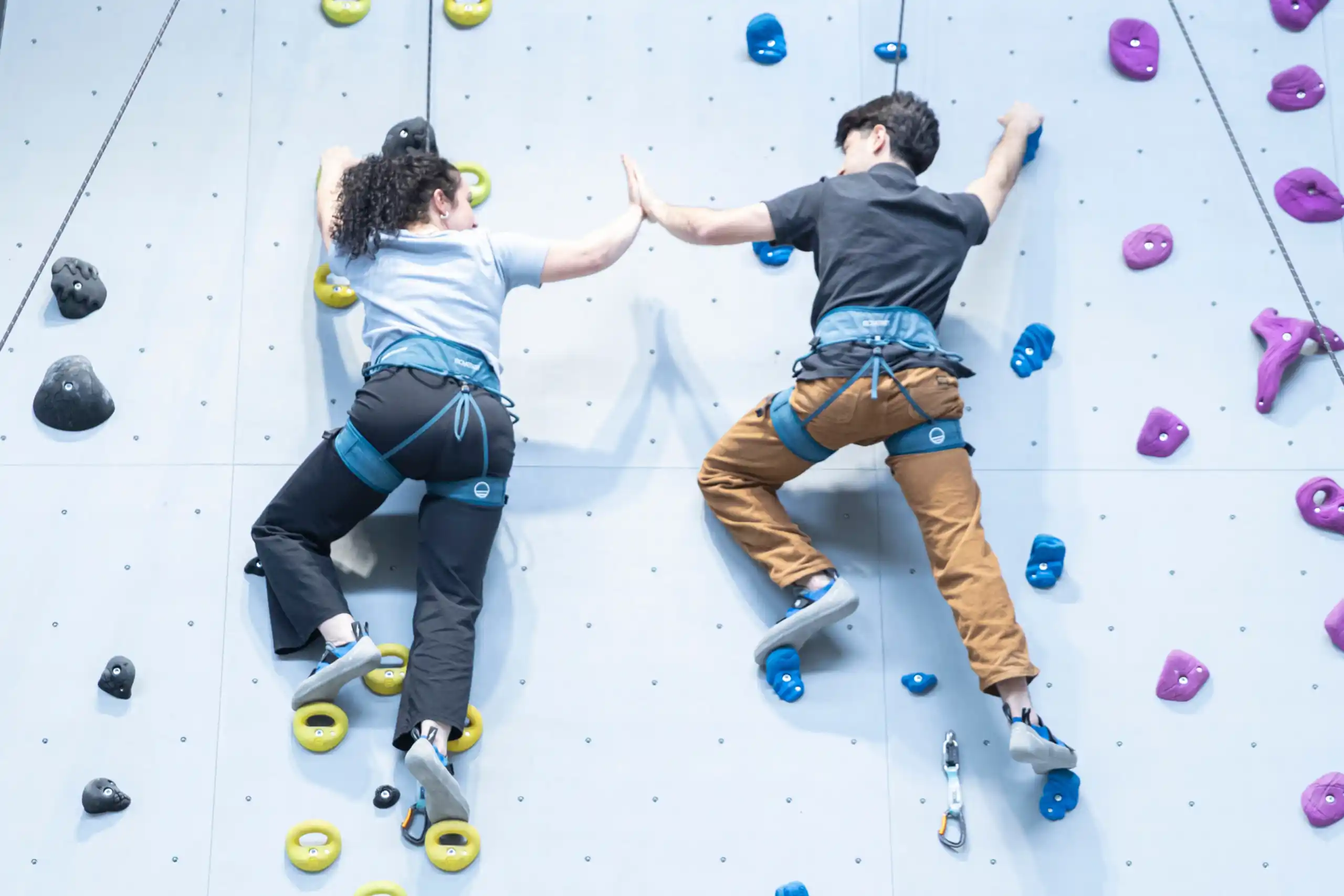 Foto di due colleghi che si scambiano il cinque mentre sono sulla parete d'arrampicata del Saewa Cube di Varese