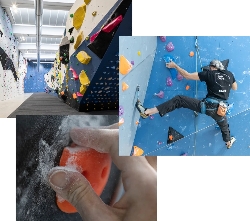 Collage di tre foto presso la palestra Salewa Cube di Varese: la foto in alto a sinistra è una foto della palestra vuota, la foto centrale rappresenta un arrampicatore mentre sta scalando la parete, la terza foto in basso una foto delle dita di sporche di magnesite mentre aggrappano una presa arancione di una parete d'arrampicata